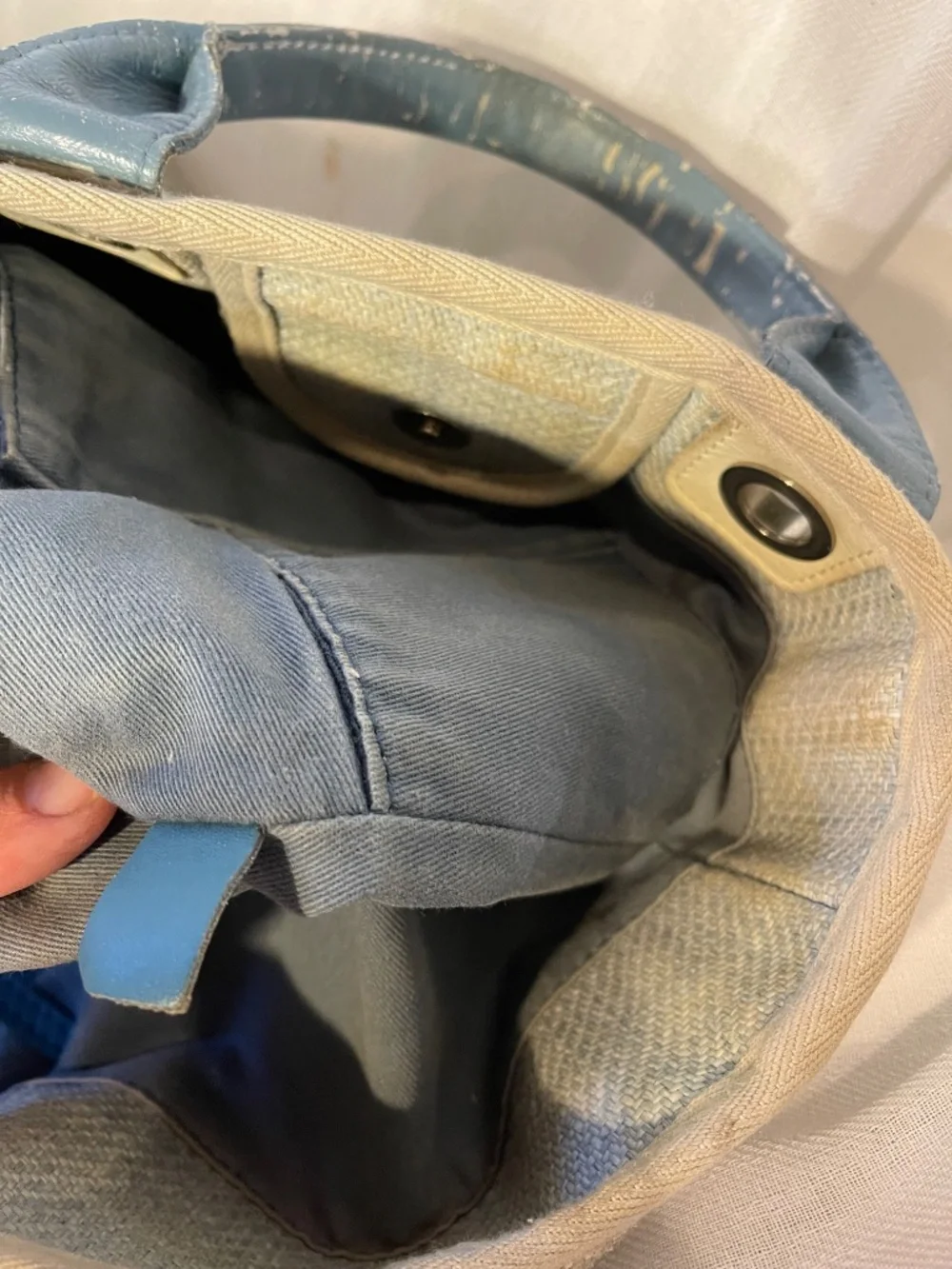 CHANEL Beige Canvas Tote with Blue Handles